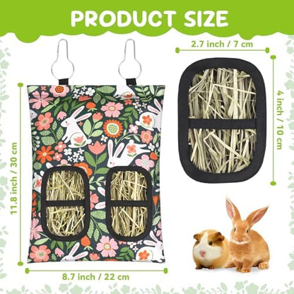 3 Pcs Rabbit Hay Feeder, 2-Hole Hanging Guinea Pig Hay Bags Washable Bunny Hay Bag for Rabbits, Chinchillas, Hamsters, Small Pets and Animals (11.8"×8.7")