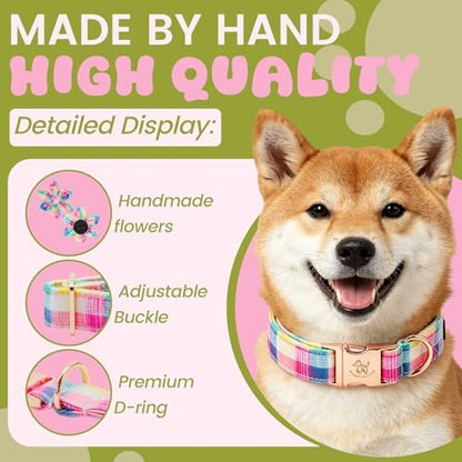 Elegant little tail Dog Collar with Flower, Spring Plaid Girl Pet Collars for Female Dogs Floral Pet Adjustable Puppy Collars with Flowers for Small Medium Large Dogs