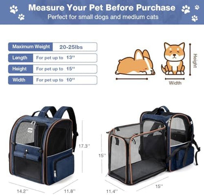 Extra Large Cat Backpack Carrier Expandable Pet Carrier Backpack for Small Dogs Medium Cats Fit Up to 18 Lbs, Dog Backpack Carrier, Foldable Puppy Backpack Carrier for Travel, Hiking,Blue
