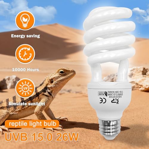 UVB Reptile Light, 15.0 26W UVA UVB Light for Reptiles, Spiral Compact Fluorescent UVB Bulb for Desert Reptiles and Amphibians