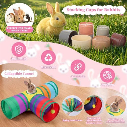 34 Pcs Rabbit Starter Kit Rabbit Litter Box Small Animal Water Bottle Cups Bunny Tunnels Animal Grooming Kit Bowl Blanket with Cleaning Set for Guinea Pig Bunny Accessories (Style 2,Pink)