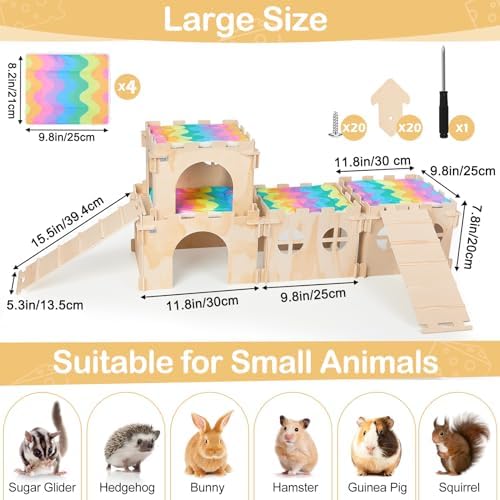 Unicorn Catcher 4 Pack Wooden Guinea Pig Hideout House with Stairs & Mats