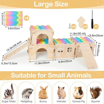 Unicorn Catcher 4 Pack Wooden Guinea Pig Hideout House with Stairs & Mats