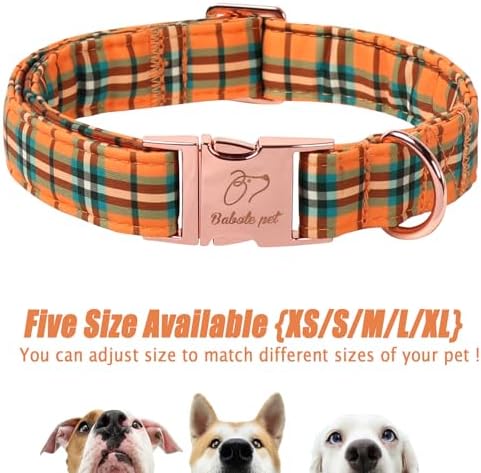 Fall Dog Collar for Large Dogs - Vintage Orange Green Plaid Tanksgiving Puppy Collar, Adjustable Heavy Duty Halloween Festivel Dog Collars with Metal Buckle XL