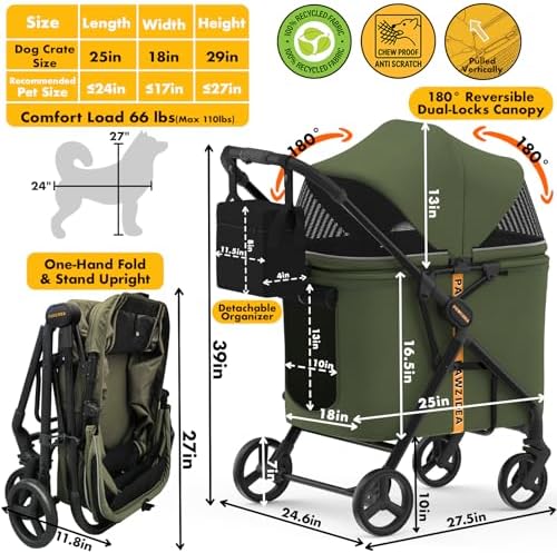PAWZIDEA Dog Stroller for Large Dogs, No-Zip 180° Canopy, One-Hand Foldable