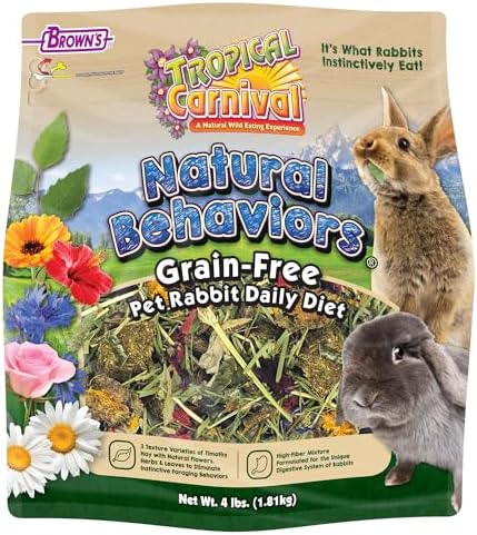 Tropical Carnival Natural Behaviors Grain-Free Rabbit Food – 4 pounds, High-Fiber Timothy Hay Blend with Natural Flowers & Herbs, Supports Digestive & Emotional Health, No Artificial Additives