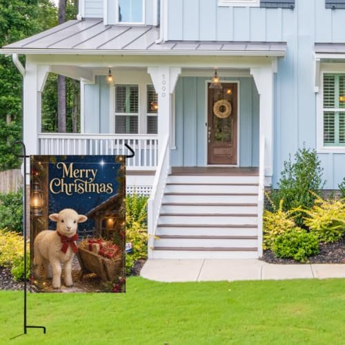 Christmas Lamb House Flag 28x40 Inch Merry Holiday Sheep Bow Wheelbarrow Gifts Stable Lantern Snowy Rustic Farmhouse Outdoor Yard Lawn Porch Double Sided Banner Welcome Decor