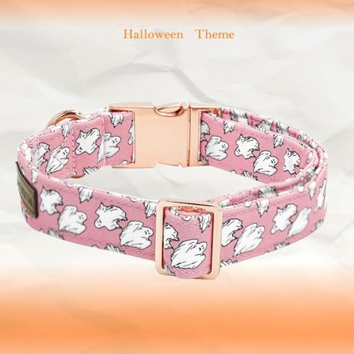 Elegant little tail Halloween Dog Collar, Pink Ghosts Print Dog Collar with Flower Puppy Collar Flower Female Cotton Adjustable Collars for Small Medium Large Dogs