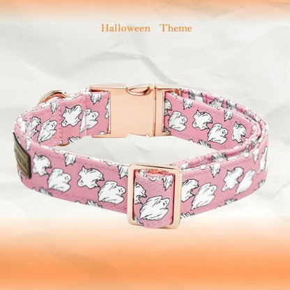 Elegant little tail Halloween Dog Collar, Pink Ghosts Print Dog Collar with Flower Puppy Collar Flower Female Cotton Adjustable Collars for Small Medium Large Dogs