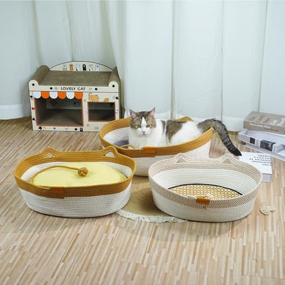 Natural Rope Cat Basket, Cozy Bed with Plush Cushion for Cats