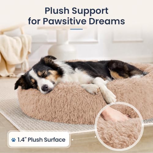 JOLLYVOGUE Calming Washable Dog Beds Large Sized Dog, 36inch Donut Large Dog Bed with Removable Cover, Anti-Slip Round Fluffy Faux Fur Bed, Fits up to 80 lbs Pets, Camel