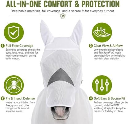 Dansydaisy Horse Fly Mask with Long Nose & Ears, Breathable Full Face Flymask, UV Block, 3D Eye Protection, for Quarter Horses, Warmbloods, Thoroughbreds, Other Standard Head-Type Horses(White)