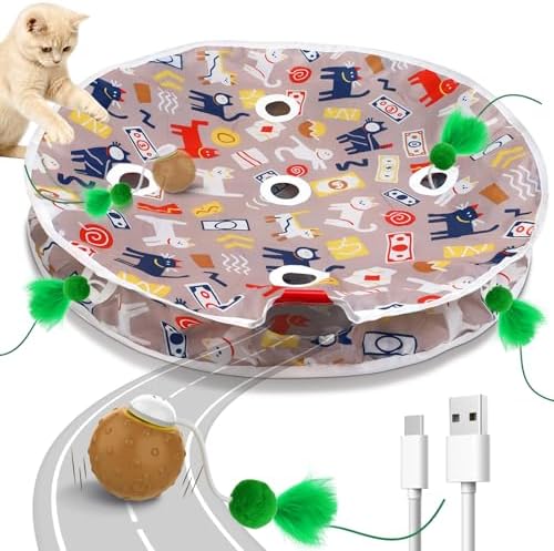 Cat Toys for Indoor Cats, Interactive Ball & 9 Holes Play Mat, Hide-n-Seek Exercise Game, Automatic Ball in Pouch, Mouse Squeaky Stimulating Toy, Motion Activated Kitten Enrichment Toys