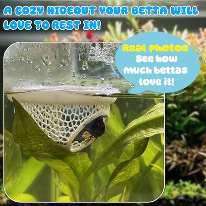 Floating Betta Hide & Shrimp Cave – 3D Printed Aquarium Hammock with Marble Texture, Feeder Ring & Rest Spot for Betta Fish, Nano Tanks, Corydoras, Shrimp – Safe PLA