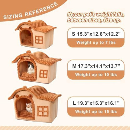 Jiupety Bear Cat Houses for Indoor Cats, Chimney Cute Cat Bed Cave, Enough Interior Space, Cartoon Soft Pet House Up to 3-10 lbs Kitten, Brown