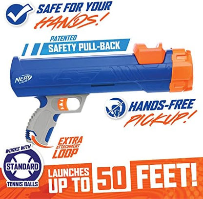 Nerf Dog Compact Tennis Ball Blaster Dog Toy, Great for Fetch, Hands-Free Reload, Launches up to 50 ft, Single Unit, Includes 3 Nerf Balls & Bag, Blue/Orange, Model: 5205