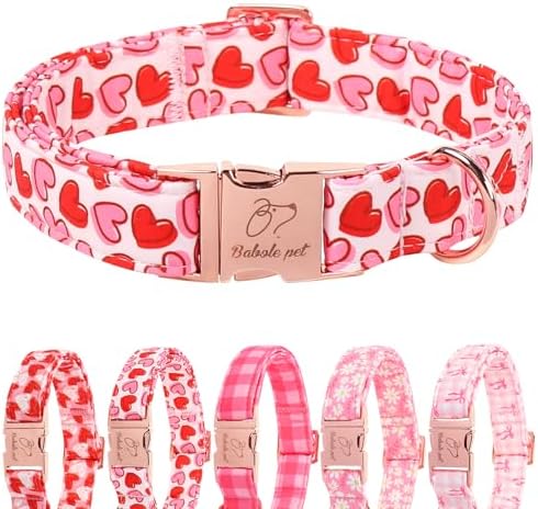 Valentines Dog Collar, Pink Heart Print Girl Dog Collars, Cute Valentine Puppy Collars, Adjustable Heavy Duty Pet Collar for Small Medium Large Dogs with Metal Buckle XL