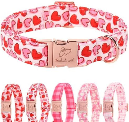 Valentines Dog Collar, Pink Heart Print Girl Dog Collars, Cute Valentine Puppy Collars, Adjustable Heavy Duty Pet Collar for Small Medium Large Dogs with Metal Buckle XL