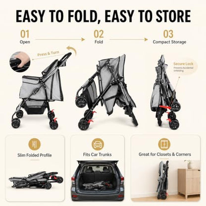 Dog Stroller, Pet Stroller with 4 Wheels, Foldable Dog Strollers for Small Medium Dogs & Cats, Cat Stroller with Storage Basket, Breathable Mesh, 360° Wheels & Rear Brakes Grey
