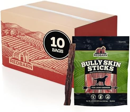 Redbarn Bully Skin Sticks 10-Pack 100% Natural Single-Ingredient Beef Pizzle Dog Chews Long Lasting Rawhide-Free Dental Wellness Treats for Small Medium Large Dogs 8 oz Case