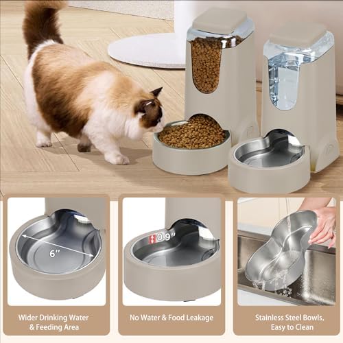 2 Pack Automatic Cat Feeder and Stainless Steel Water Dispenser, Gravity Dog Waterer Set Food Feeder and Waterer Set for Small Medium Kitten Puppy Pets(1 Gallon x 2, Brown)