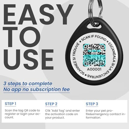 QR Code Cat Tags Personalized Small, Real-time Alerts, Blackx3