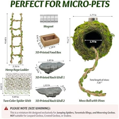 Jumping Spider Enclosure Accessories Kit - Magnetic Moss Ball Hideout, 2 Rock Ledges, Feeding Bowl, Climbing Mesh Nets & Rope Ladder - Natural Forest Habitat Decor for Regal (Moss Cave with Rope)