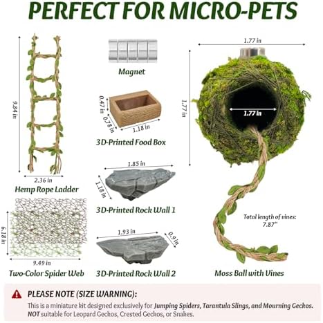 Jumping Spider Enclosure Accessories Kit - Magnetic Moss Ball Hideout, 2 Rock Ledges, Feeding Bowl, Climbing Mesh Nets & Rope Ladder - Natural Forest Habitat Decor for Regal (Moss Cave with Rope)