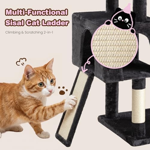 SHA CERLIN 82 inch Cat Tree Tower, Multi-Level Cat Condo with Plush Perches, Sisal Scratching Posts, Hammock and Toys, Stable Cat Tower for Kittens and Adult Cats, Dark Grey