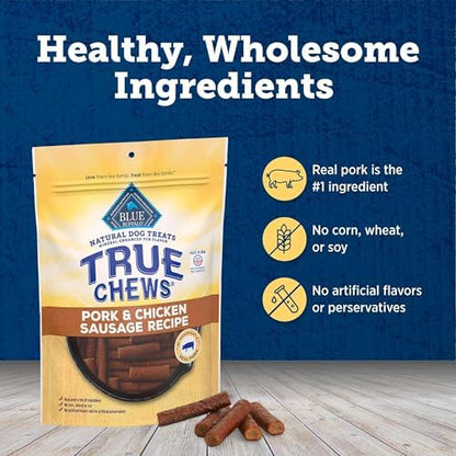 Blue Buffalo True Chews Dog Treats, Made in the USA with Natural Ingredients, Pork and Chicken Sausage Recipe, 14-oz Bag, (Pack of 6)