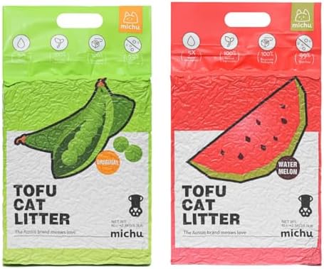 Michu Tofu Cat Litter Natural Clumping Tofu Cat Litter, Fast Clumping and Easily Scoop-able 5.5lb/88oz 5 Scents - Original + Watermelon, 2 Pack