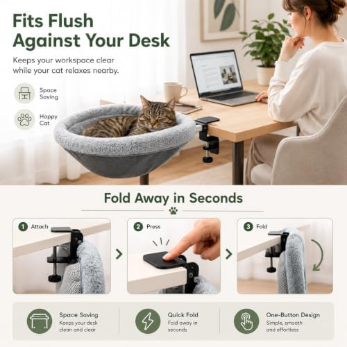 X-Large Cat Desk Bed with Sunken Hammock Design, Soft Faux Rabbit Fur Cover, Removable & Washable, Holds Up to 40lbs – Cozy Desktop Retreat for Cats
