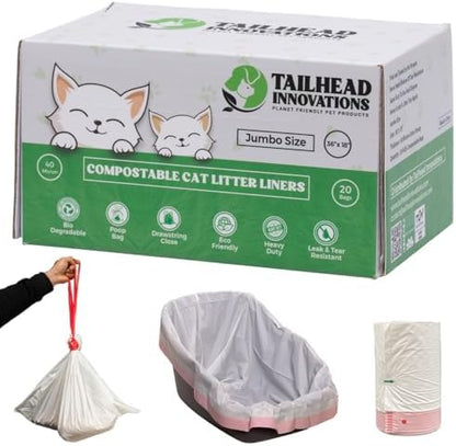 Cat Litter Box Liners - 100% Compostable - Drawstring Close - Scent Free - Jumbo Size XL (36" L x 18" W) - 40 Micron (1.6 Mil) Heavy Duty - 20 Count - Scratch, Tear & Leak Resistant