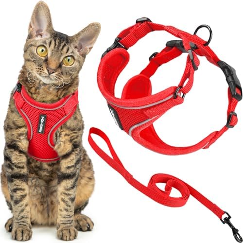 Voyager Escape-Proof Step-in Lock Cat Harness & 5ft Neoprene-Handle Leash Set All-Weather Mesh with Reflective Stitching for Small to Large Cats by Best Pet Supplies, Red (327), XS