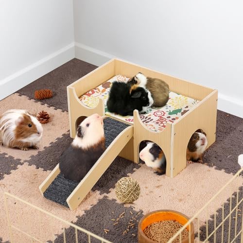 MEWTOGO Upgraded Sturdy Wooden Guinea Pig Castle with Stairs & Mat