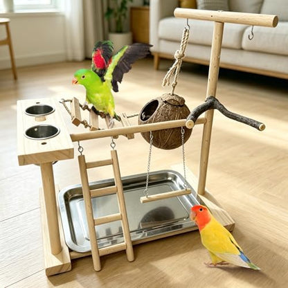 Hamiledyi Parrot Playground Bird Play Stand Natural Wood Parrot Perch Gym with Feeder Cups Cockatiel Nest with Ladder Lovebirds Cage Accessories Toy Exercise Activity Center for Cockatiel Lovebirds