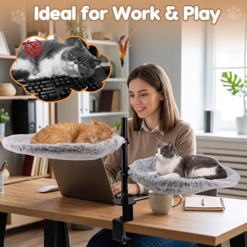 Gugxiom Double Cat Desk Bed, 360° Rotating & Adjustable Height, 4pcs 15.7in Summer/Winter Cat Mats, for Home Office Cats Small Pet, Supports up to 44 lbs