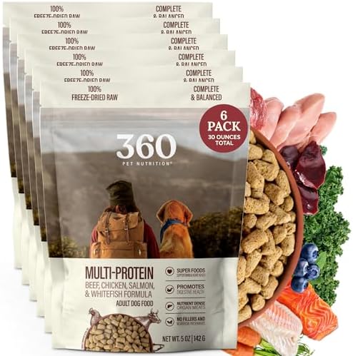 360 Pet Nutrition Freeze-Dried Raw Dog Food – Multi-Protein with Beef, Chicken, Fish, Liver & Organs, High Protein Omega-3s Fruits Veggies & Superfoods Grain-Free, No Fillers, 6 x 5 oz – Made in USA