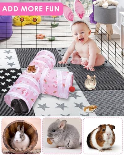 Bissap Rabbit Tunnel, 9.8'' Collapsible Bunny Tunnel and Tube 3 Ways Pet Hideout with 1 Play Ball for Indoor Kittens Dwarf Rabbits Bunnies Guinea Pigs Chinchillas Small Animal Activity Fun Toys (Pink)
