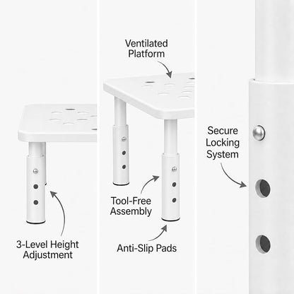Raised Automatic Cat Feeder Stand for Double Bowl Feeders, Carbon Steel 14.57 x 9.25 in, 3 Adjustable Heights 4.13-5.71 in, Non-Slip, Fits Feeders & Water Dispensers, No-Drill (White)