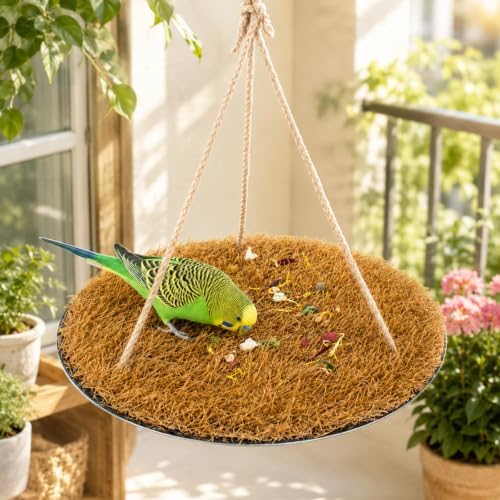FlidRunest Yellow Large Bird Foraging Mat, Natural Bird Grass Hammock Swing Toy with Hooks, Climbing Perch Hanging Toy for Parakeets, Parrot, Cockatiels, Bearded Dragon