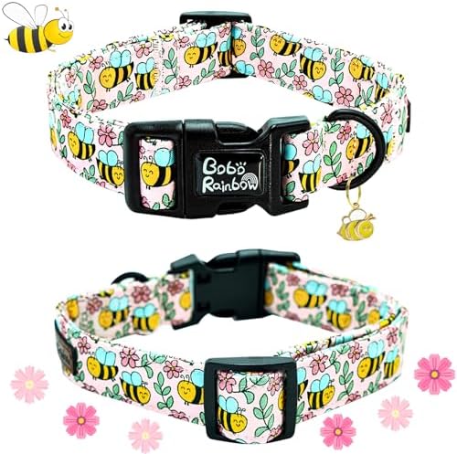 Dog Collar, Cute Bee Adjustable Pet Collars Spring Soft Comfortable Cotton Puppy Collar Pink Flower Necklace Gift Collars for Medium Dogs