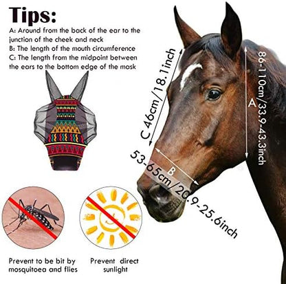 Weewooday 2 Pieces Horse Fly Masks for Horses Soft Fly Masks for Ears Smooth and Elasticity Mask with UV Protection(Tribal Grid Patterns,L)