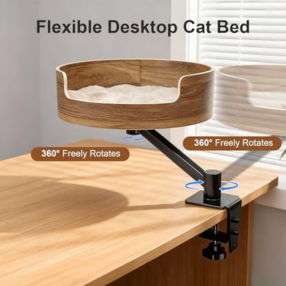 Desk Cat Bed, Elevated Cat Bed for Desk, Space-Saving Cat Hammock for Home Office, Stable & Comfortable Perch for Indoor Cats，Walnut Wood Finish