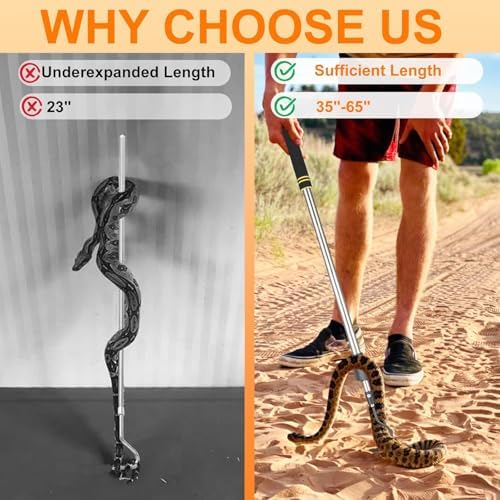 Snake Hooks, Stainless Steel Snake Hook Extendable Handled Desigh for Removling Large or Small Snakes and Reptiles Rattlesnakes Python Copperhead Stainless Steel Handle 35"-65"