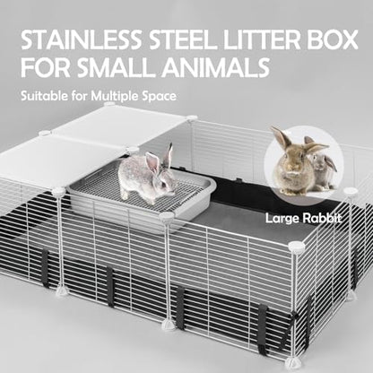 MEEXPAWS Rabbit Litter Box Stainless Steel, Large Bunny Litter Box with Raised Grid and Washable Pee Pad, Metal Litter Pan High Side for Rabbit,Small Animal Toilet Potty Tray Easy Cleaning,Less Stink
