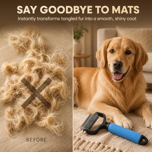 2PCS Pet Grooming Combo - Blue Deshedding Brush with Metal Comb for Detangling and Dematting Long, Matted Fur on Cats and Dogs (2PCS-A)