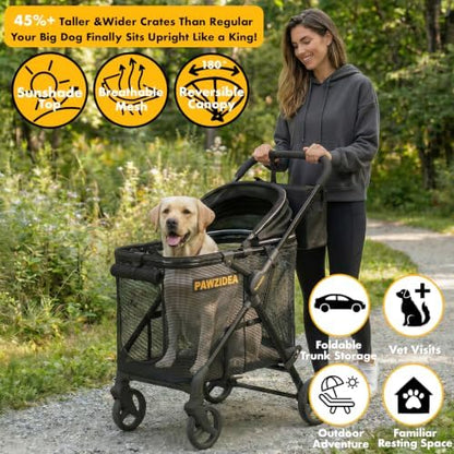 PAWZIDEA Dog Stroller for Large Dogs, No-Zip 180° Canopy, One-Hand Foldable