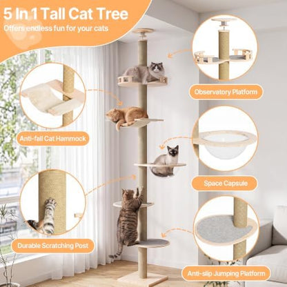 Floor to Ceiling Cat Tree Tower, 5T Adjustable Height 114-127.95”