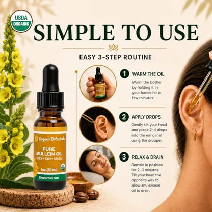 Pure Organic Mullein Oil - Organic Mullein Ear Oil Drops - Natural Ear Care Solution for Earaches, Tinnitus, and Kids - Herbal Mullein Extract Liquid for Soothing Relief (1 oz)